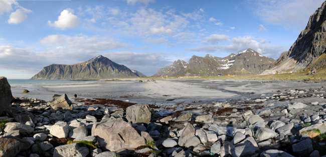 panoramic view over beach and mountains in Flakstadoya